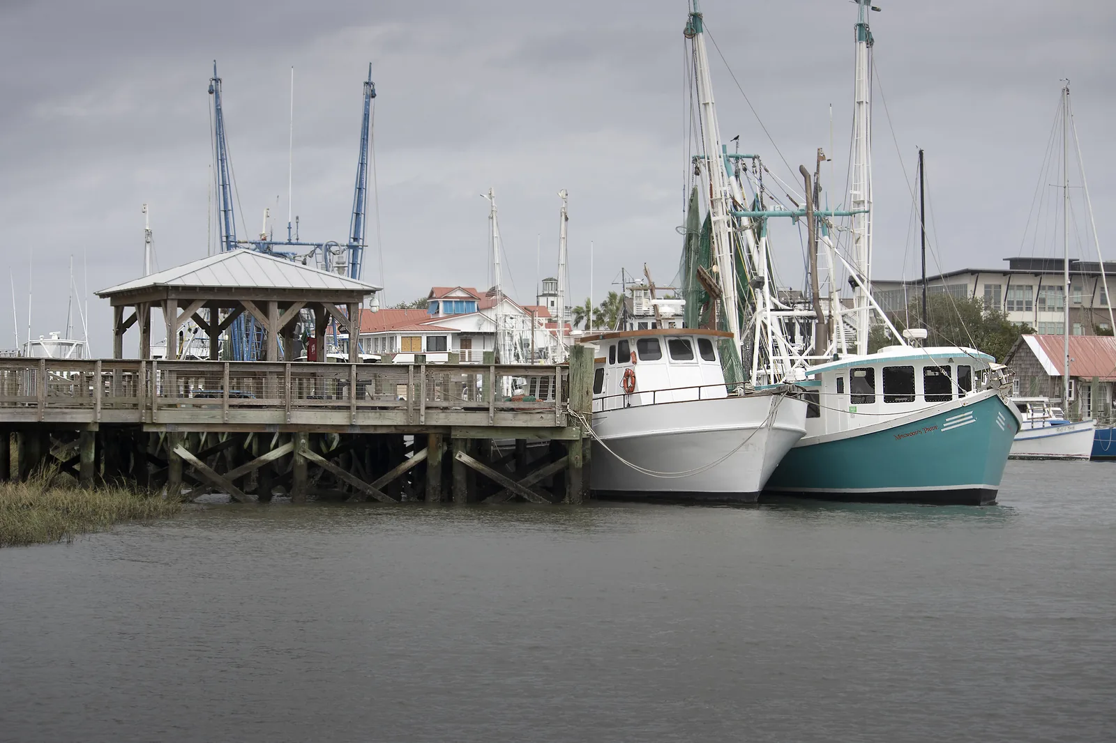 Shrimp boats tied up at a dock on Shem Creek in Mount Pleasant, home of the working fleet blessed each April.
