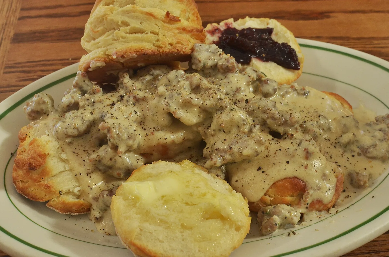 Biscuits and gravy, a Southern breakfast plate. The photo was not taken at a Mount Pleasant restaurant.