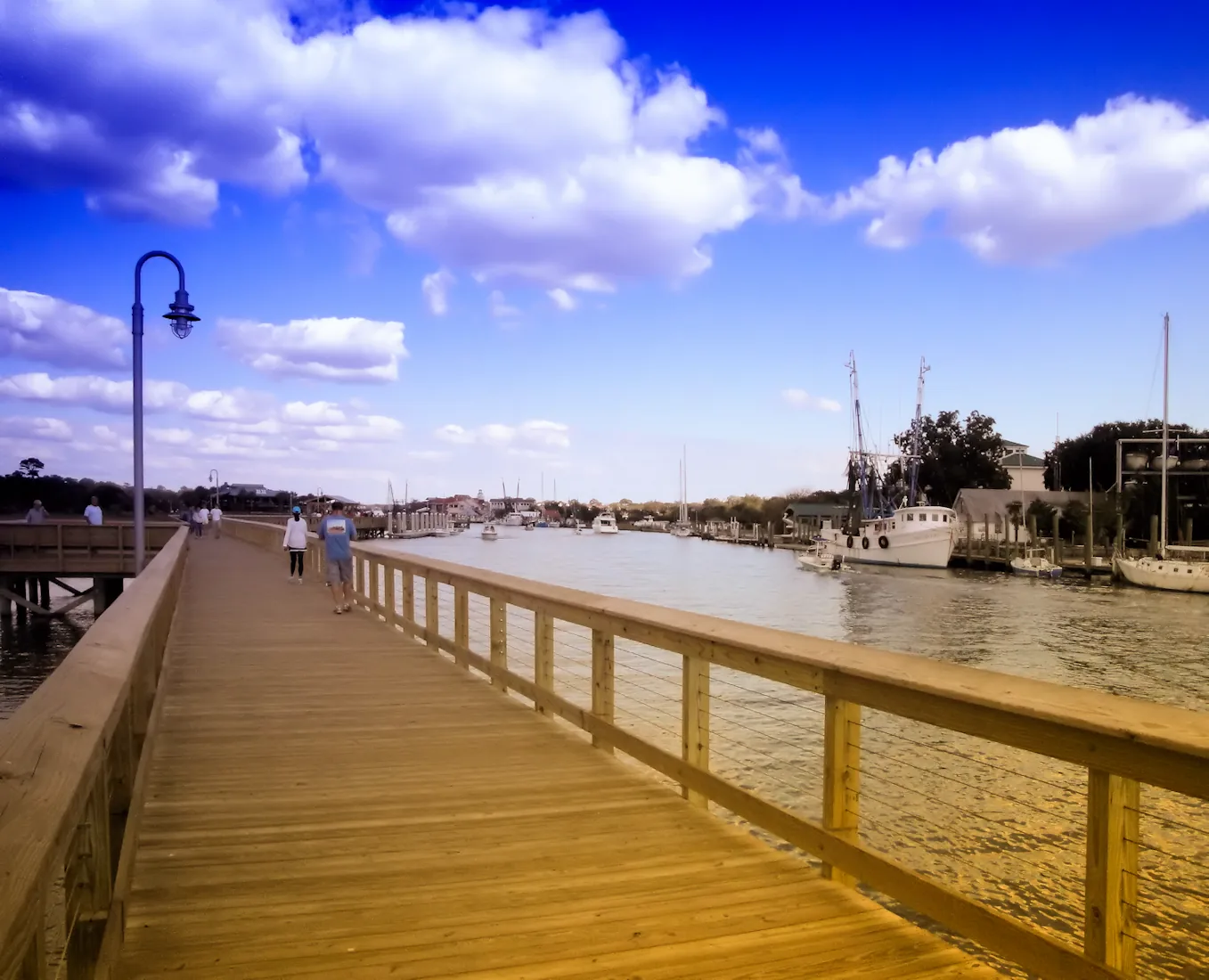 The boardwalk along Shem Creek in Mount Pleasant, a short walk from the creekside restaurants that serve Sunday brunch.