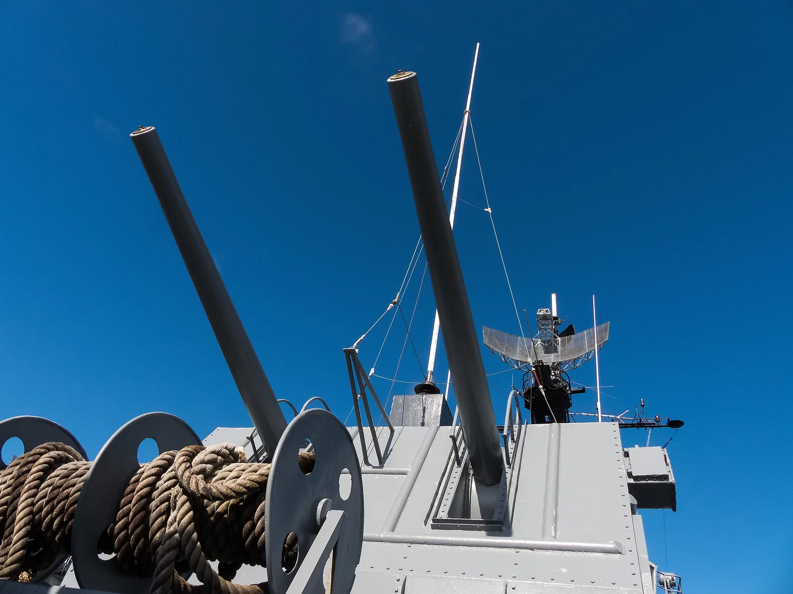 The twin barrels of a 5-inch deck gun aboard the destroyer USS Laffey at Patriots Point in Mount Pleasant.