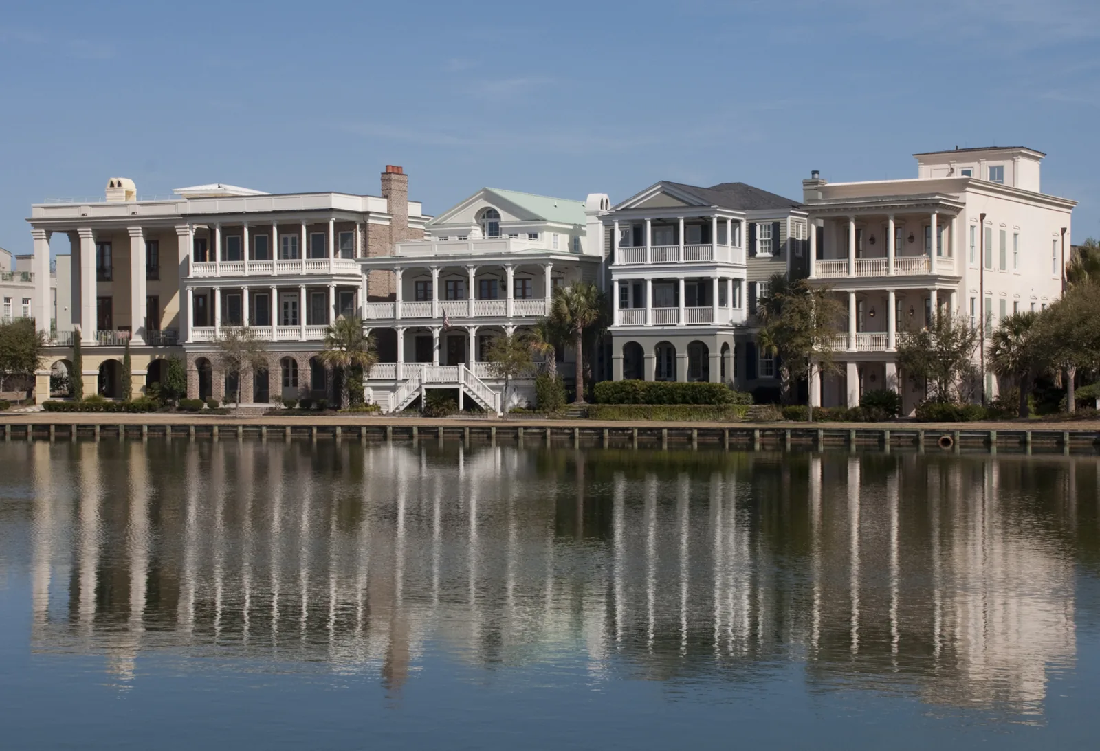 Homes with two-story porches face a pond in the I'On neighborhood of Mount Pleasant.