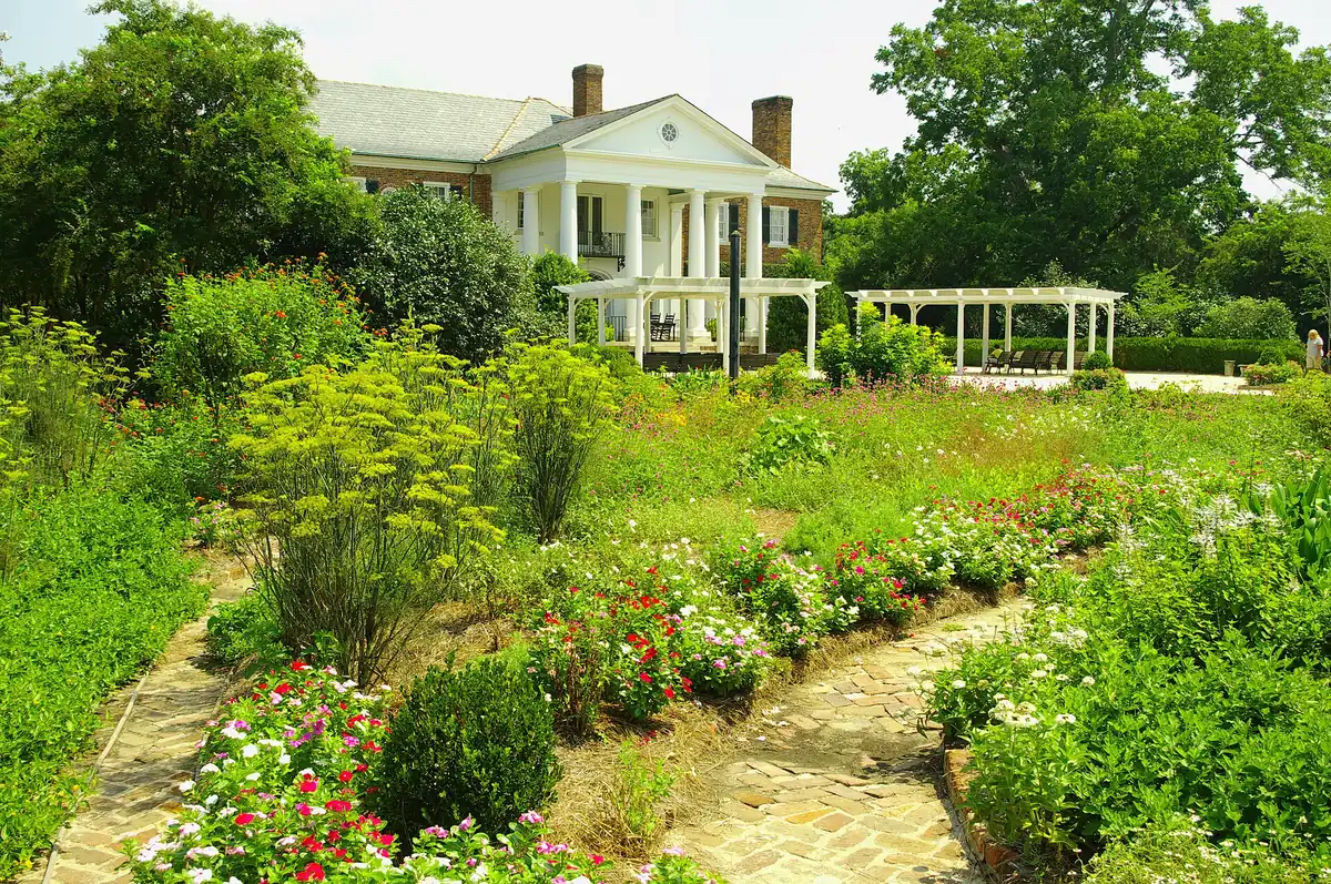 Flower beds and brick paths in the gardens behind the plantation house at Boone Hall in Mount Pleasant.