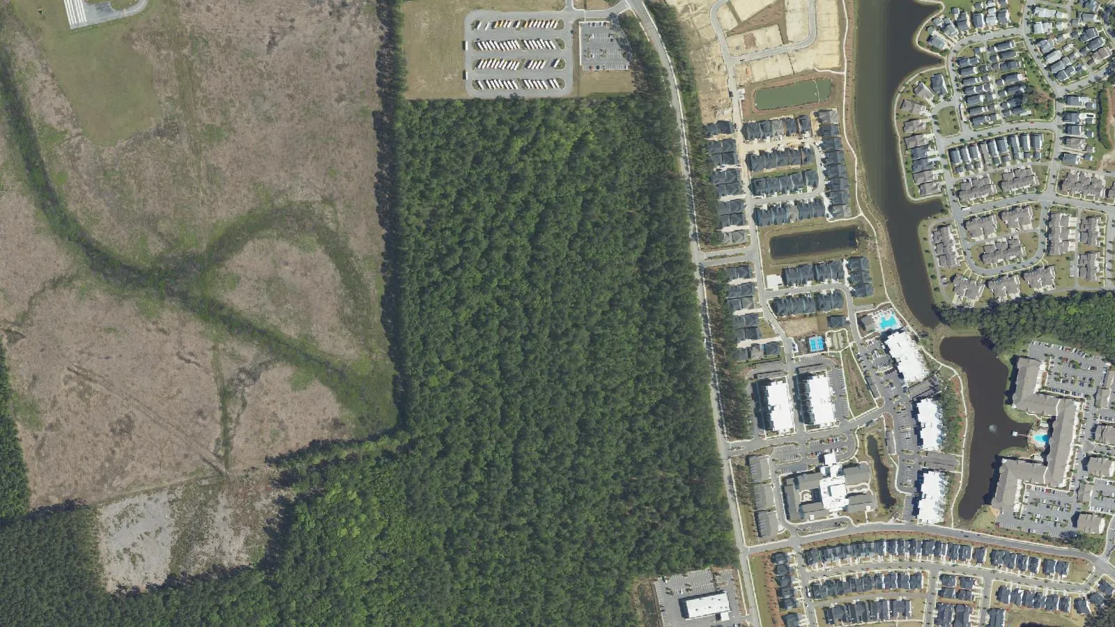 The wooded town-owned tract west of Faison Road in Carolina Park, at center, seen from the air. Faison Road runs down the right side of the picture.