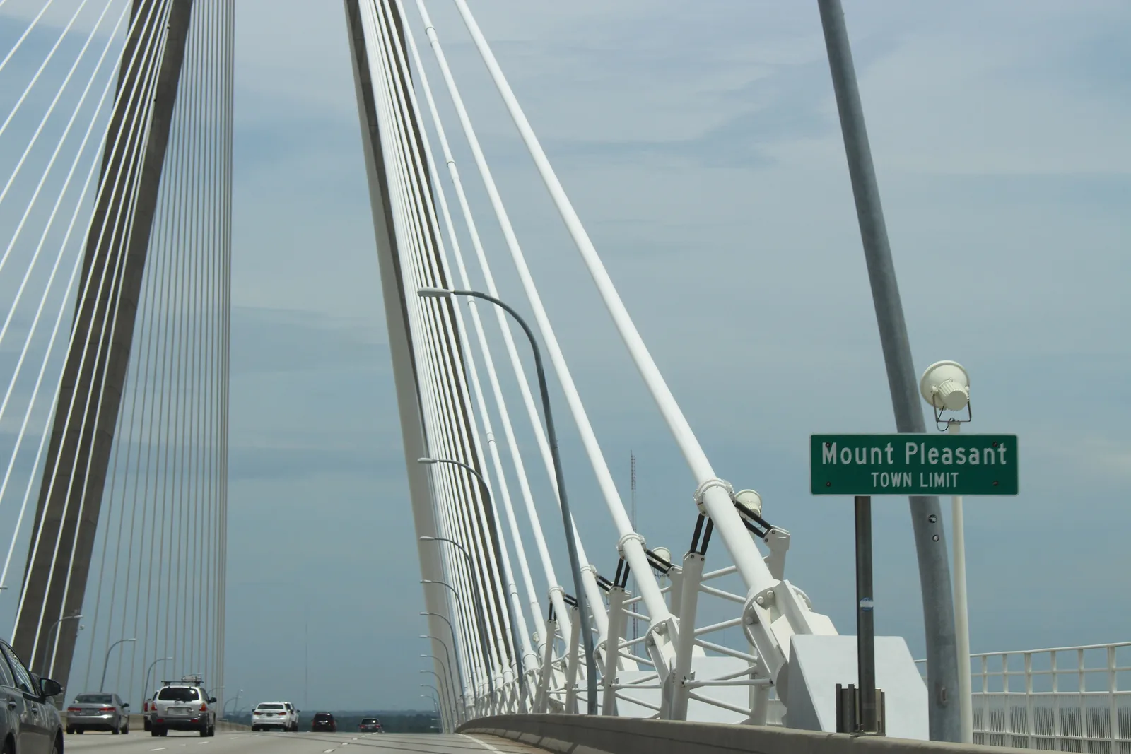 The Mount Pleasant town limit sign on the Ravenel Bridge, where U.S. 17 enters the town from Charleston.