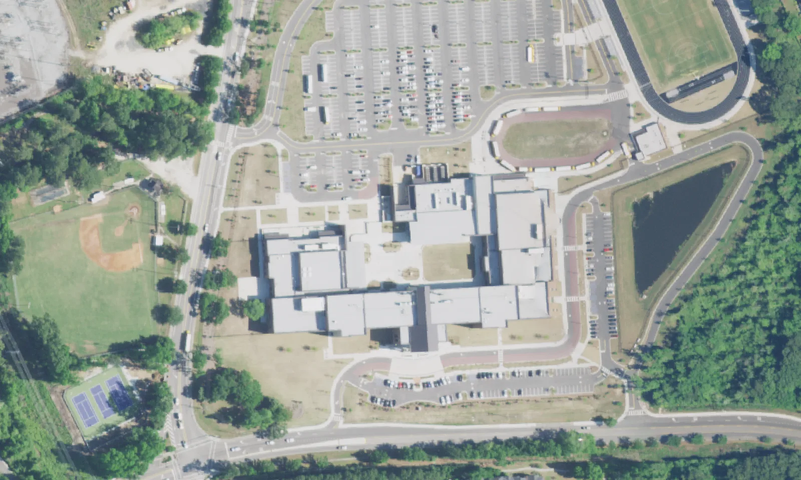 Lucy Garrett Beckham High School's campus on Mathis Ferry Road in Mount Pleasant, seen from the air