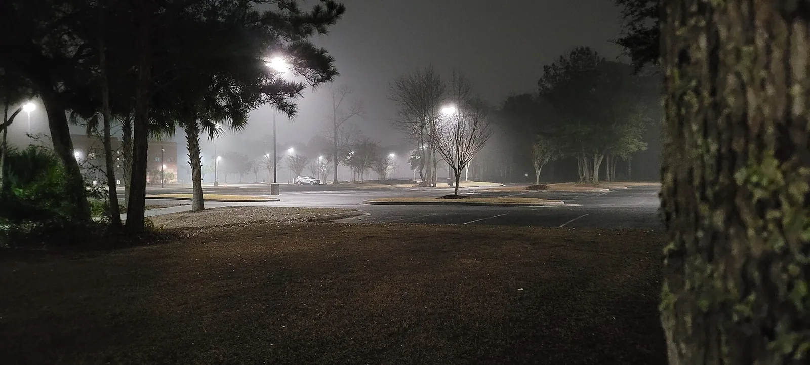 Fog settles over the parking lot at Wando High School on Warrior Way in Mount Pleasant.