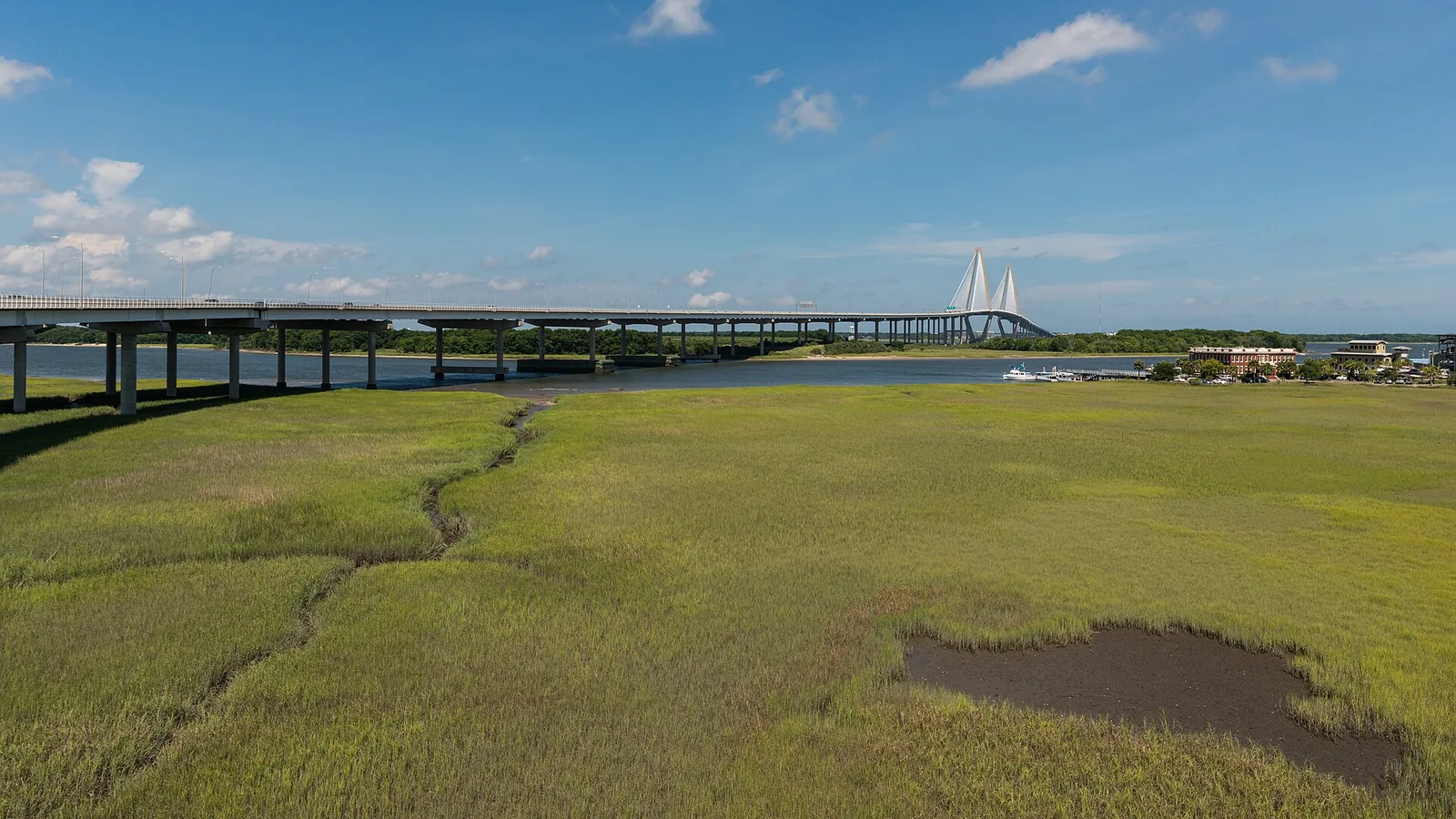 The Arthur Ravenel Jr. Bridge over the marsh, seen from Wonders' Way, the walking and biking path that crosses it from Mount Pleasant.